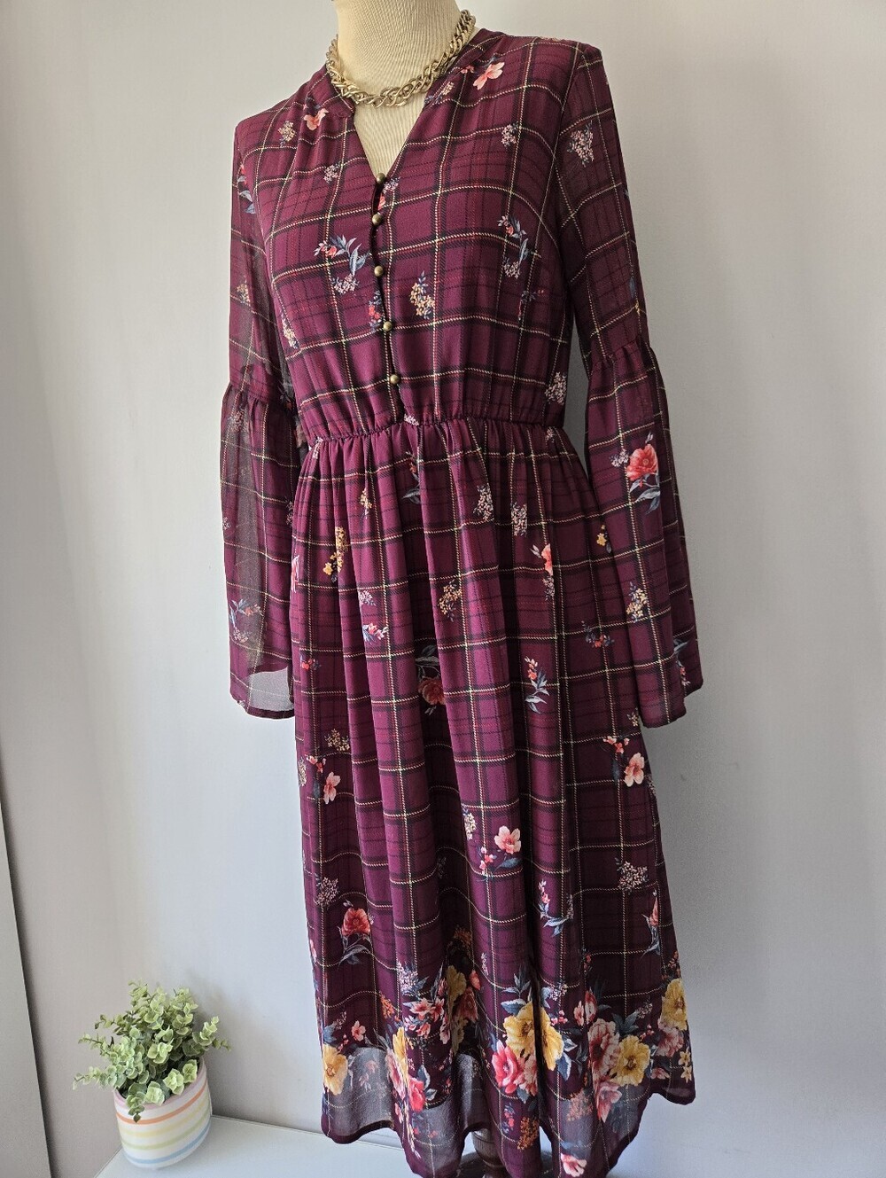 Orange Creek Burgundy Plaid Floral Long Sleeve Midi Dress. Size Small - Picture 2 of 15